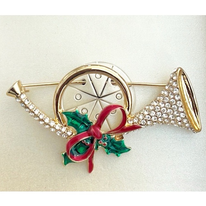 Anne Klein Gold-Tone Crystal French Horn Pin/Brooch, New In Box